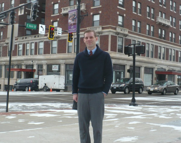Shawl Collar Sweater and Tie with grey wool pants