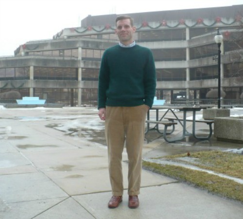 Green Sweater and Tan Cords