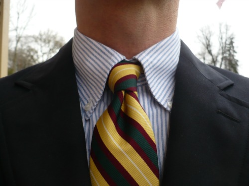 Yellow tie with university striped shirt